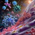 Antibodies actively engaging with viruses in a dynamic cellular environment. Generative AI