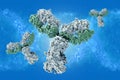 Antibodies cell on blue organic background in 3D illustration.