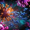 Antibodies engaging with viruses in a dynamic immune response visualization. Generative AI Royalty Free Stock Photo