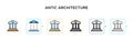 Antic architecture vector icon in 6 different modern styles. Black, two colored antic architecture icons designed in filled,