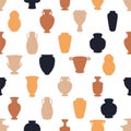 Antic vase pattern. Seamless cartoon trendy abstract vessels jugs and pots of ceramic. Vector print with ancient pottery Royalty Free Stock Photo