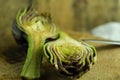 Sliced artichokes posed and lemon on background Royalty Free Stock Photo