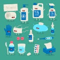 Anticoronavirus set of life saving items. Vector graphics