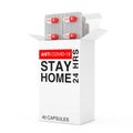 Anticovid-19 Stay Home Capsules in Blister Pack with Cartboard Package. 3d Rendering