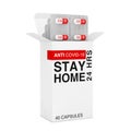 Anticovid-19 Stay Home Capsules in Blister Pack with Cartboard Package. 3d Rendering