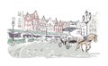 Antient city center european Netherlands vector sketch illustration