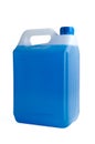 Antifreeze coolant in plastic 5 liter canister. Blue liquid for car engine. Half full or half empty container isolated on white Royalty Free Stock Photo