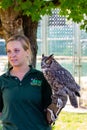 Antigo, Wisconsin, USA, August 14, 2021: Educator for Raptor Education Group Inc REGI showing a great horned owl Tyto alba