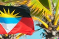 Antigua an Barbuda Flag on a Caribbean Beach with Palms