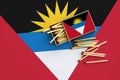 Antigua and Barbuda flag is shown on an open matchbox, from which several matches fall and lies on a large flag