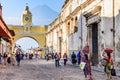 Street with Santa Catalina arch, ruins & volcano, Antigua, Guatemala Royalty Free Stock Photo