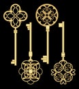 Antigue door key set in golden metallic design with historic ornamental vintage patterns. Royalty Free Stock Photo