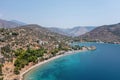 Antikyra Greece, aerial aerial drone view. Agios Isidoros sandy beach in Boeotia