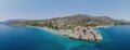 Antikyra Greece, aerial panorama. Agios Isidoros sandy beach in Boeotia