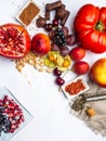 Antioxidants, resveratrol food as green tea, grape, blueberry, apricot, apple, chocolate, tomatoes, pomegranate