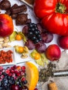 Antioxidants, resveratrol food as green tea, grape, blueberry, apricot, apple, cocoa, tomatoes, pomegranate, physalis, dark