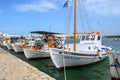 White Greek boats anchoring in port of Antiparos island, Greece Royalty Free Stock Photo