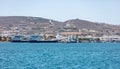 Antiparos island Cyclades, Greece. Harbor buildings Aegean sea blue sky background Royalty Free Stock Photo