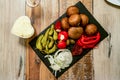 Antipasti Appetizer sweet cherry mini peppers stuffed with soft cheese feta and onions on slate plate Royalty Free Stock Photo