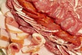 Antipasti composition of italian cured meat types. Salami, ham and dry sausage slices, closeup. Food background, texture