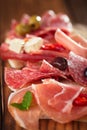 Antipasti Platter of Cured Meat, jamon, olives, sausage, salam Royalty Free Stock Photo