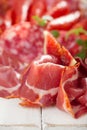 Antipasti Platter of Cured Meat, jamon, sausage, salame on whi