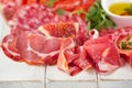 Antipasti Platter of Cured Meat, jamon, sausage, salame on whi