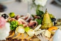 Antipasti platter with different meat and cheese products