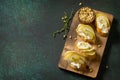 Antipasti snacks for Wine. Brushetta with Soft Cheese and Pear served Royalty Free Stock Photo