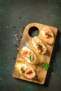 Antipasti snacks for Wine. Brushetta with Soft Cheese and Salmon Royalty Free Stock Photo