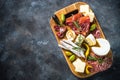 Antipasto board with sliced meat, ham, salami, cheese, olives and red wine. Royalty Free Stock Photo