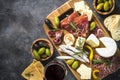 Antipasto board with sliced meat, ham, salami, cheese, olives an Royalty Free Stock Photo