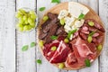 Antipasto catering platter with bacon, jerky, sausage, blue cheese and grapes Royalty Free Stock Photo