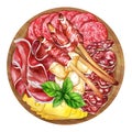 Antipasto of cold meat and grissini bread sticks. Watercolor illustration