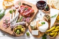 Antipasto delicatessen - meat, cheese and wine.