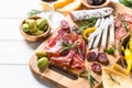 Antipasto delicatessen - meat, cheese and wine.