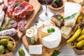 Antipasto delicatessen - meat, cheese and wine.