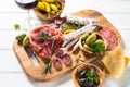 Antipasto delicatessen - meat, cheese and wine.