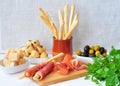 Antipasto, egg, olives, chesse, parma various appetizer food traditional Royalty Free Stock Photo