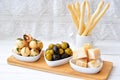 Antipasto, egg, olives, chesse, parma various appetizer food traditional Royalty Free Stock Photo
