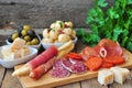 Antipasto, egg, olives, chesse, parma various appetizer food traditional Royalty Free Stock Photo