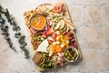 Antipasto meat board. catering platter with jamon, sausage and cheese. Food recipe background. Close up Royalty Free Stock Photo