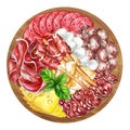 Antipasto. Meat, sausage and grissini bread sticks. Watercolor illustration