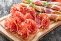 Antipasto platter cold meat plate with grissini bread sticks, prosciutto, slices ham, beef jerky, salami and arugula Royalty Free Stock Photo