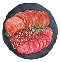 Antipasto platter cold meat. Salami, Coppa Sausage and Soppressata. Watercolor illustration