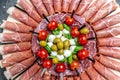 Antipasto platter. different cheese and ham, prosciutto, jamon salami. catering banner, menu, recipe, Spanish tapas chorizo, jamon