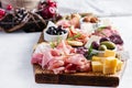 Antipasto platter with ham, prosciutto, salami, cheese, crackers and olives on a light background. Royalty Free Stock Photo