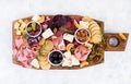 Antipasto platter with ham, prosciutto, salami, cheese, crackers and olives on a light background. Royalty Free Stock Photo