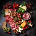 Antipasto platter with ham, prosciutto, salami, cheese, tomato, strawberries and vegetables on dark background. Appetizers table