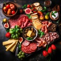 Antipasto platter with ham, prosciutto, salami, cheese, tomato, strawberries and vegetables on dark background. Appetizers table